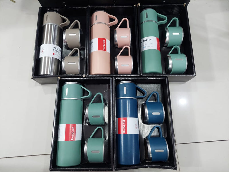 3 in 1 Vacuum Insulated Thermal Flask Set With Cup Set (random color)